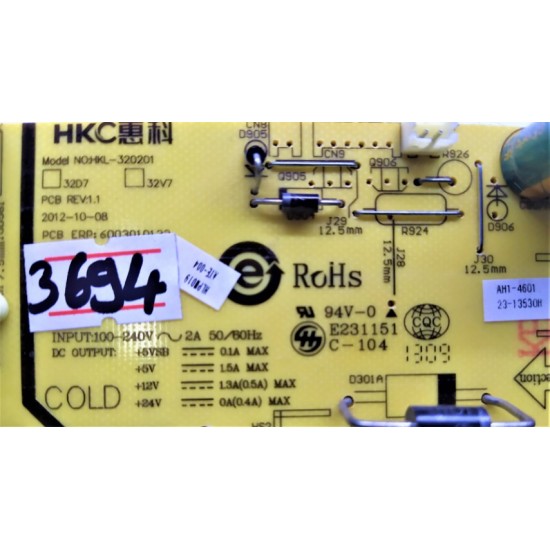 SANYO . NORDMENDE . AWOX  , SABA , HKL-320201 , ERP:6003010132 , AH1-4601 , SANYO LE74S14HM LED TV POWER BOARD , SANYO LE74S14HM LED TV BESLEME KARTI.