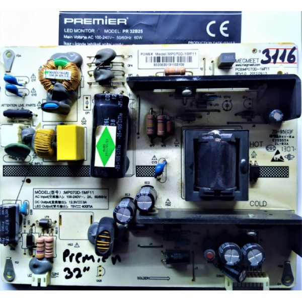 PREMİER PCB:MP070D-1MF11 , REV:1.0 , MP070D-1MF11 , ZD-95(G)F , PREMİER 32" POWER BOARD , PREMİER 32"  BESLEME KARTI , PREMİER PSU.