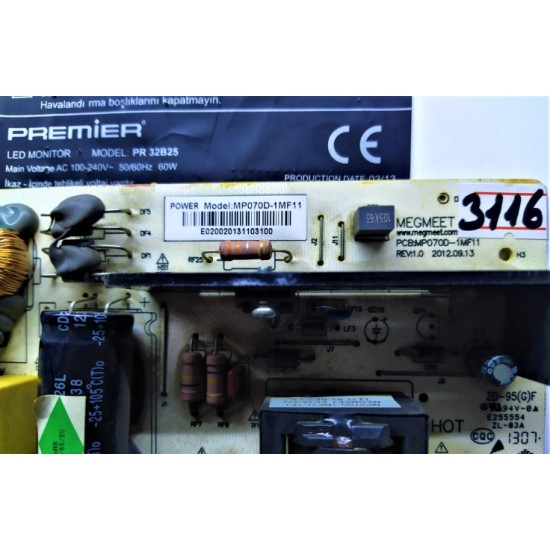 PREMİER PCB:MP070D-1MF11 , REV:1.0 , MP070D-1MF11 , ZD-95(G)F , PREMİER 32" POWER BOARD , PREMİER 32"  BESLEME KARTI , PREMİER PSU.